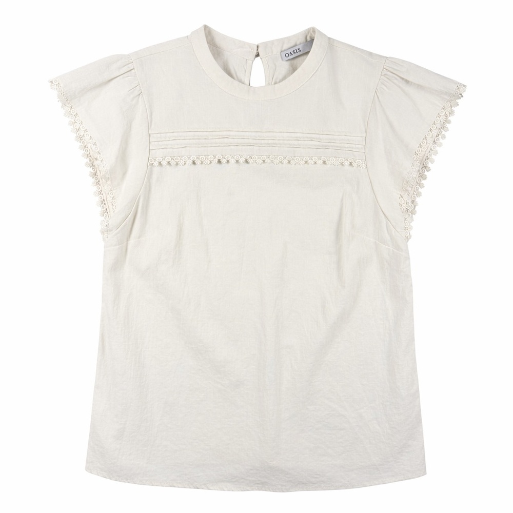 Oasis Ivory Lace Trim Flutter Sleeve Blouse | Size UK 12 / US 8 Cottagecore